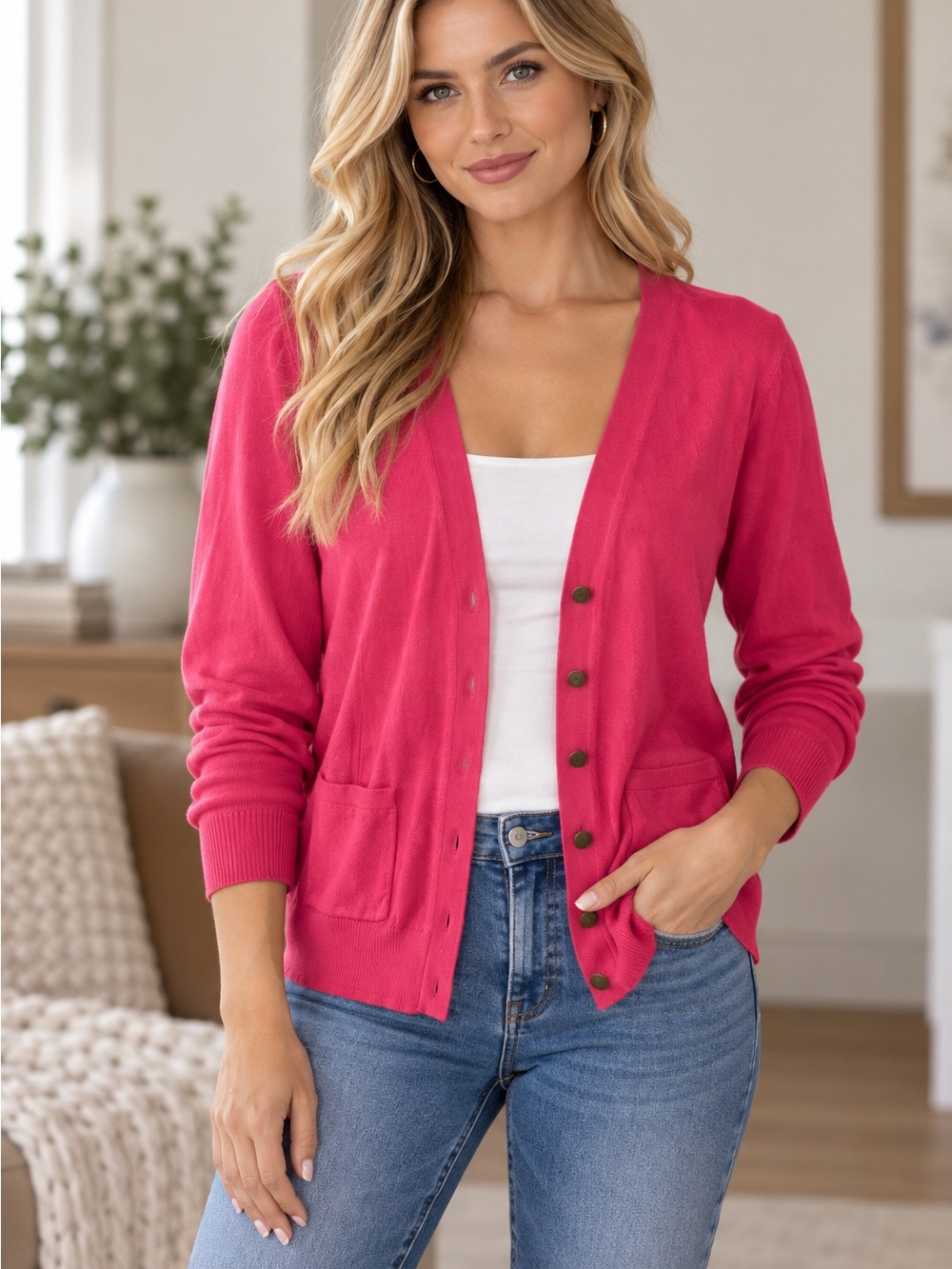 Ann Taylor Pink V-Neck Button-Front Cardigan
